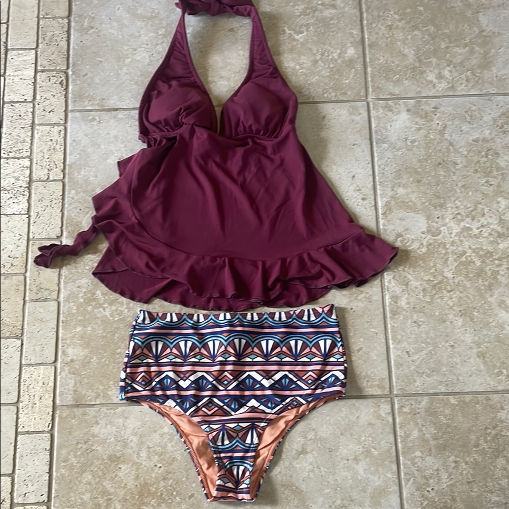Burgundy Halter Top with Patterned Bikini Bottom